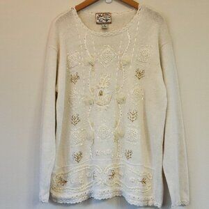 Heirloom Collectibles Women Sweater L Floral Beaded Ribbon Lace Pullover Classic